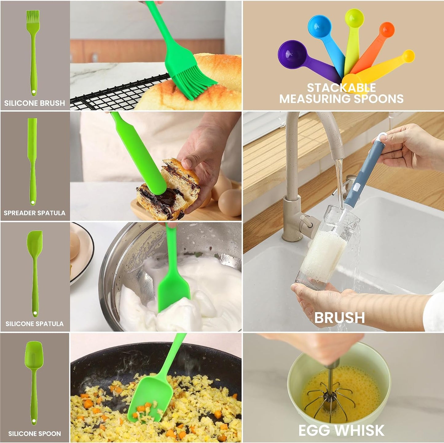 LISI 23Pcs Mixing Bowls Set with Lids, Airtight BPA-Free Nesting Bowls for Mixing, Baking, Cooking & Storage, Dishwasher Safe Serving Bowl, Includes Spatula, Spoons, Brush & Whisk