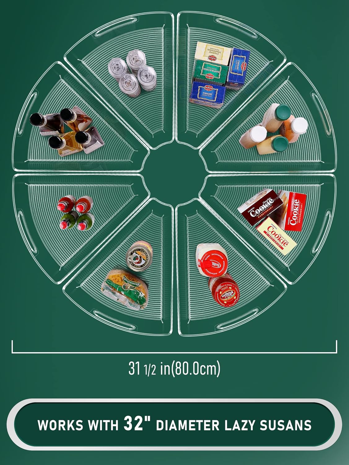 JEISSLIA Lazy Susan Cabinet Organizer Bins for 26"/ 28"/ 32" Diameter Corner Organizer, Plastic Cabinet Storage Bin, 1/8 Wedge - Food Safe, BPA Free, with Non-Slip Pads (for 26" Diameter, 6 Pack)