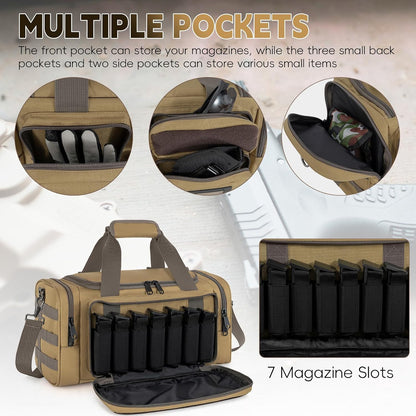 Tactical Pistol Range Bag, Gun Range Bag for Handguns, Shooting Duffle Range Pistol Bag with 6X Magazine Slots, Extra Pockets for Ammo and Essentials