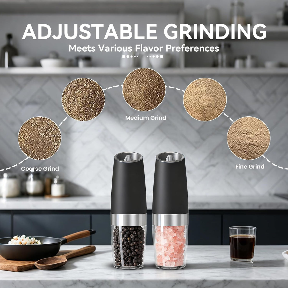UNNEES Battery Operated Gravity Salt And Pepper Grinder Set, 2 Pcs (Black)