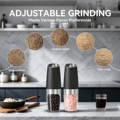 UNNEES Battery Operated Gravity Salt And Pepper Grinder Set, 2 Pcs (Black)