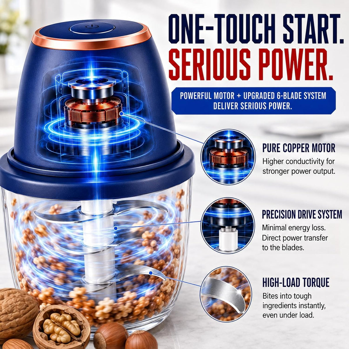 Electric Garlic Chopper, 350 mL, 6-Blade, USB Rechargeable, Blue