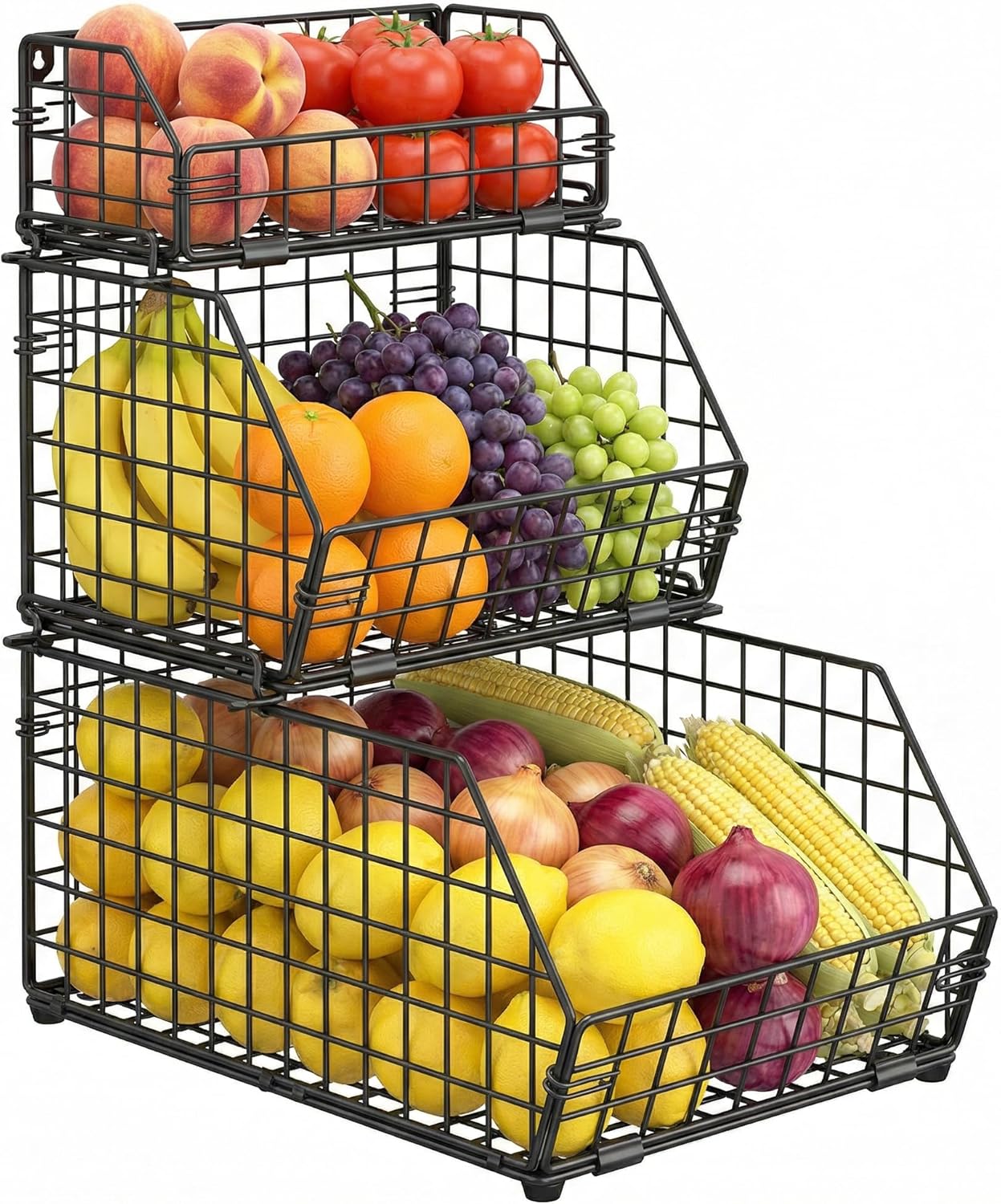 3-Tier Fruit Basket for Kitchen Counter, Stackable Wire Baskets Wall, Potato and Onion Storage Bins, Pantry Organizers, Pantry Storge and Storage for Potato, Onion, Produce, Fruit, Vegetable, Snack