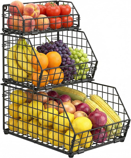 3-Tier Fruit Basket for Kitchen Counter, Stackable Wire Baskets Wall, Potato and Onion Storage Bins, Pantry Organizers, Pantry Storge and Storage for Potato, Onion, Produce, Fruit, Vegetable, Snack