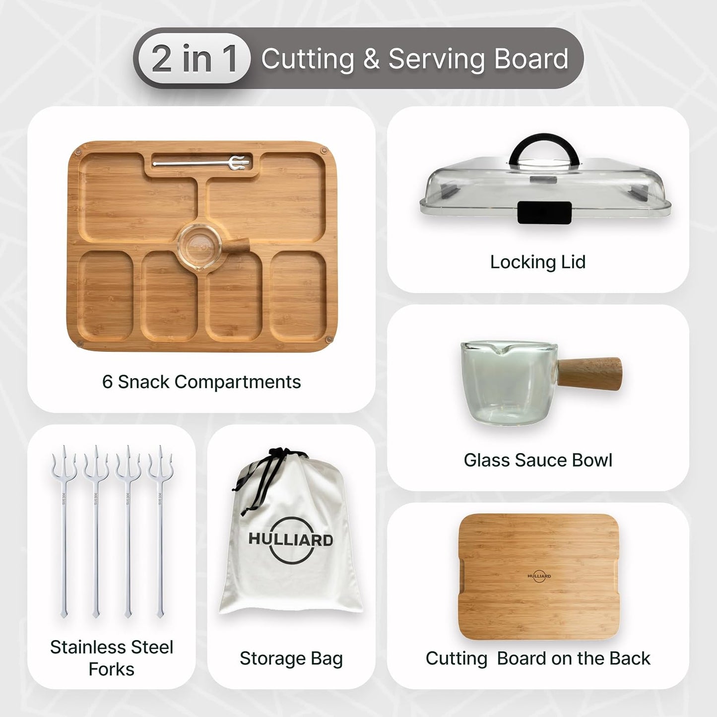 Charcuterie Board with Lid and Handles, 2-in-1 Bamboo Cutting and Serving Tray, Stylish Glass Bowl, 4 Stainless Steel Forks, Storage Bag, Silicone Stoppers, Housewarming Gift