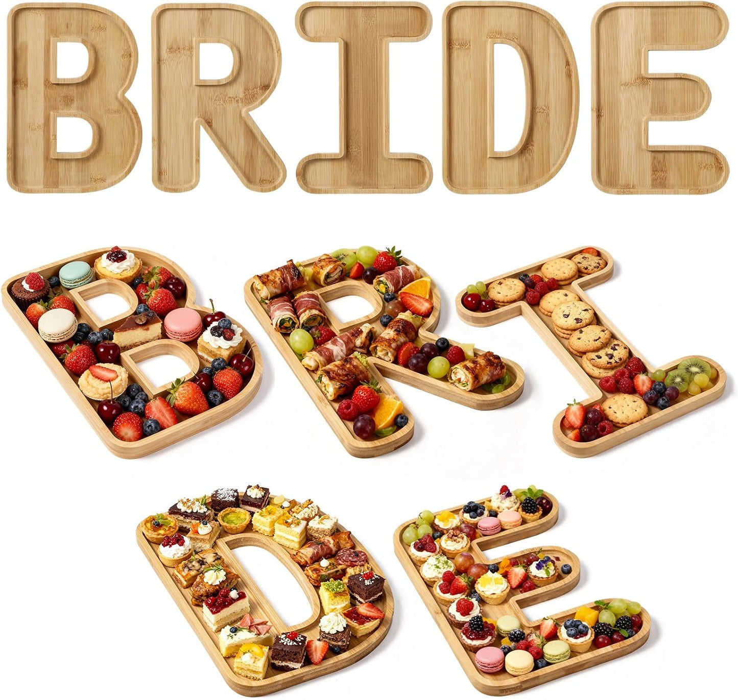 5 Pcs Bride Bamboo Serving Trays Set 11'' Wooden Fillable Charcuterie Letters Board Smooth Finish Snack Plates Candy Fruit Cookie Platter Cookware for Wedding Bachelorette Party Supplies
