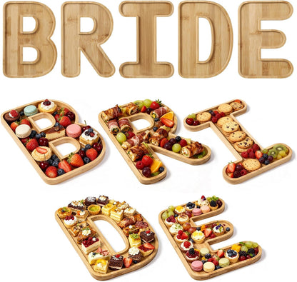 5 Pcs Bride Bamboo Serving Trays Set 11'' Wooden Fillable Charcuterie Letters Board Smooth Finish Snack Plates Candy Fruit Cookie Platter Cookware for Wedding Bachelorette Party Supplies