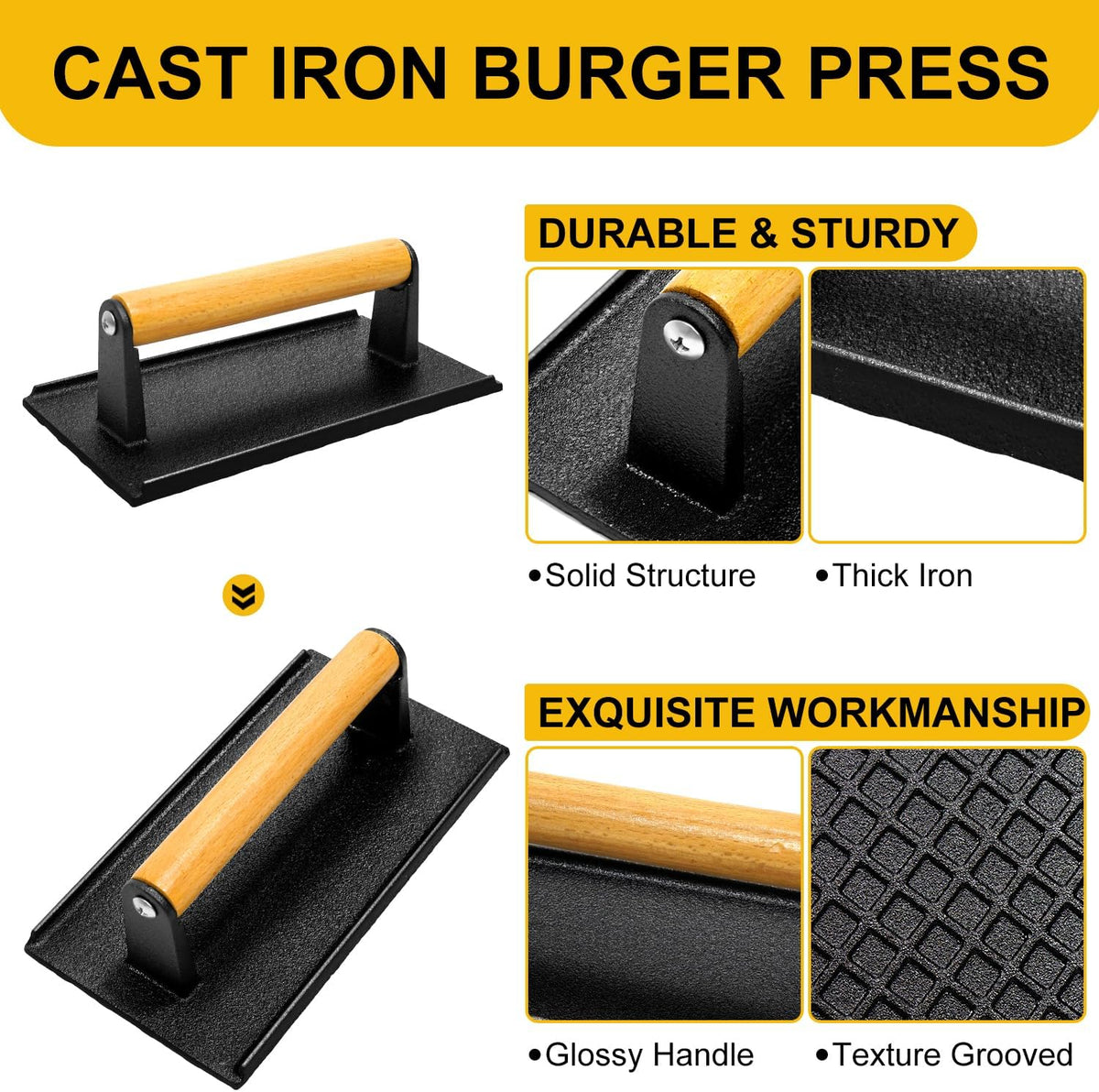 AIVIKI Burger Press, Smash Burger Press for Blackstone Griddle, Heavy Duty Cast Iron Round 6.9In & Rectangular 8.2x4.2In Bacon Grill Press with Wood Handle, Meat Steak Weight for Sandwich, Paninis