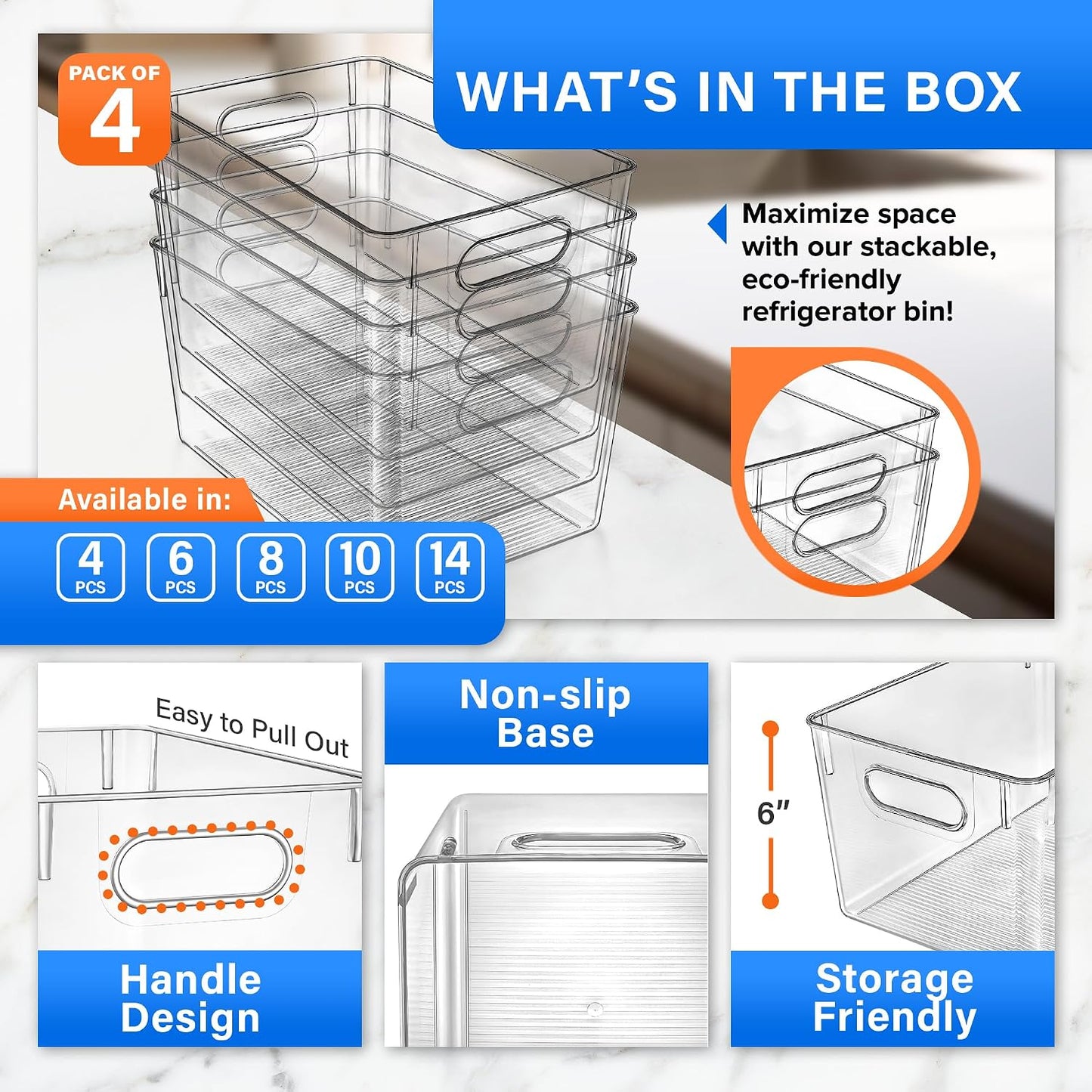 Lifemaster Stackable Refrigerator Bins - Set of 6 Large Capacity Organizers with Easy Grip Handles - Clear and Versatile for Kitchen Storage