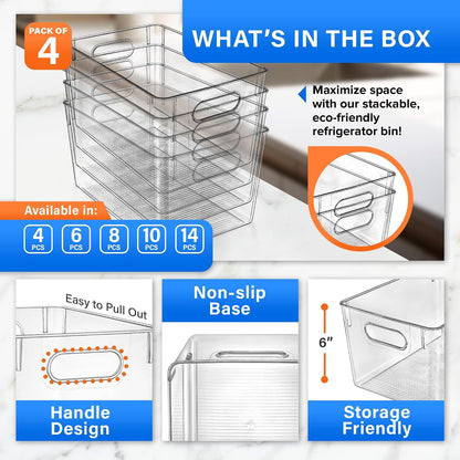 Lifemaster Stackable Refrigerator Bins - Set of 6 Large Capacity Organizers with Easy Grip Handles - Clear and Versatile for Kitchen Storage