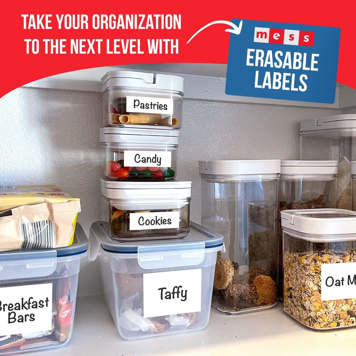MESS Erasable Kitchen Labels, 96-Pack (1x3 & 1.5") – White Dry Erase Stickers for Pantry, Jars, Food Containers, Fridge & Freezer