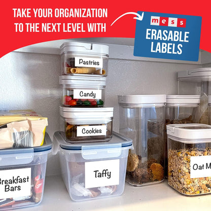 MESS Erasable Kitchen Labels, 96-Pack (1x3 & 1.5") – White Dry Erase Stickers for Pantry, Jars, Food Containers, Fridge & Freezer
