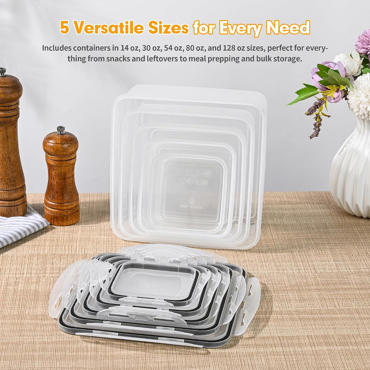 CLWVPCOT 5 Pack Large Food Storage Containers with Leak-Proof Lids, Stackable Kitchen Storage Bowls Sets (14/30/54/80/128 oz), Reusable Meal Prep Plastic Containers, BPA-Free, Dishwasher Safe