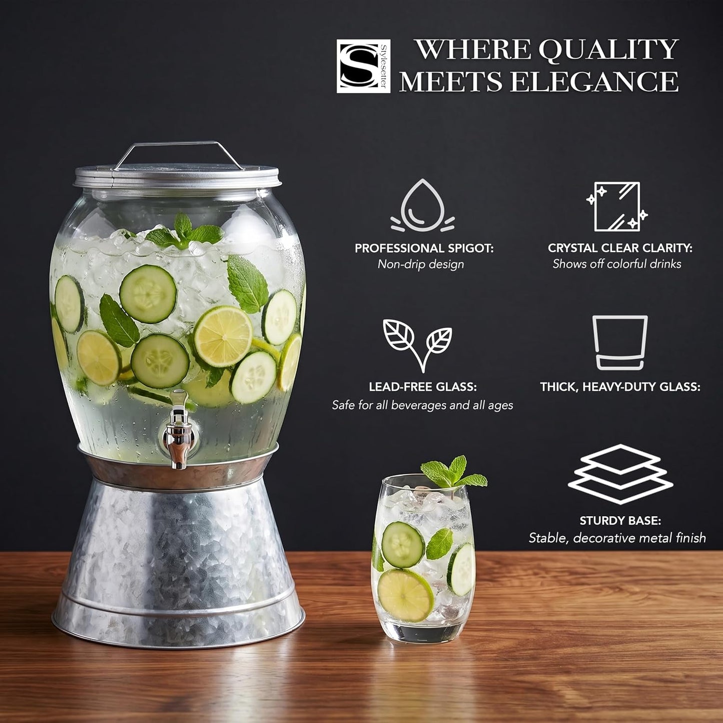 Style Setter Beverage Dispenser Cold Drink Dispenser Glass Jug, Metal Stand & Leak-Proof Acrylic Spigot Great for Parties, Weddings & More (Jaxon), 2 Gallon