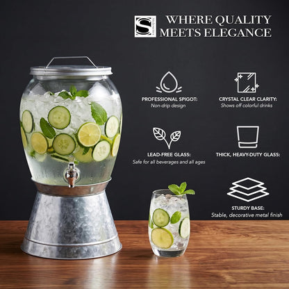 Style Setter Beverage Dispenser Cold Drink Dispenser Glass Jug, Metal Stand & Leak-Proof Acrylic Spigot Great for Parties, Weddings & More (Jaxon), 2 Gallon