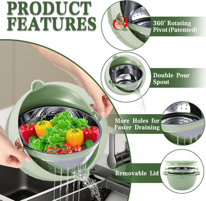 4-in-1 Colander with Bowl Set — Patented 360° Rotatable Strainer Bowl with 3 Graters, Snap-On Lid & Non-Slip Base, Funny Kitchen Present for Women, Aesthetic Pasta Fruit Vegetable Strainer (Beige)