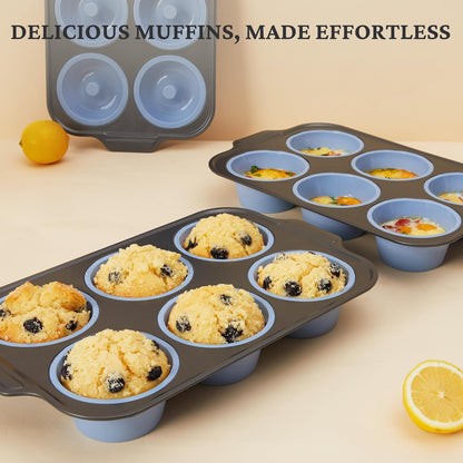 BRONYPRO Silicone Muffin Pans for Baking with Metal Frame, Egg Bite Molds, Cupcake Pans 12 Regular Size, Muffin Tins Easy to Pop Nonstick Non Toxic Bakeware for Oven,Blue