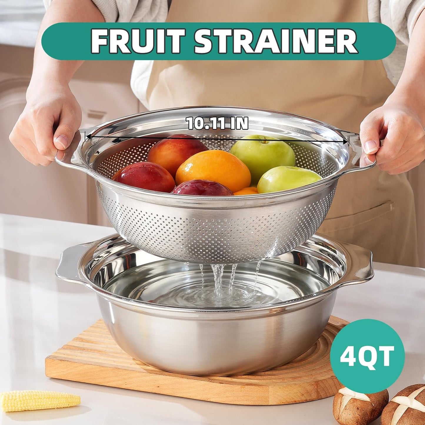Stainless Steel Colander for Kitchen 2-Quart, Strainer Microporous with Mixing Bowl, Rice Strainer for Washing Vegetables, Fruit and Draining Cooked Pasta, Dishwasher Safe