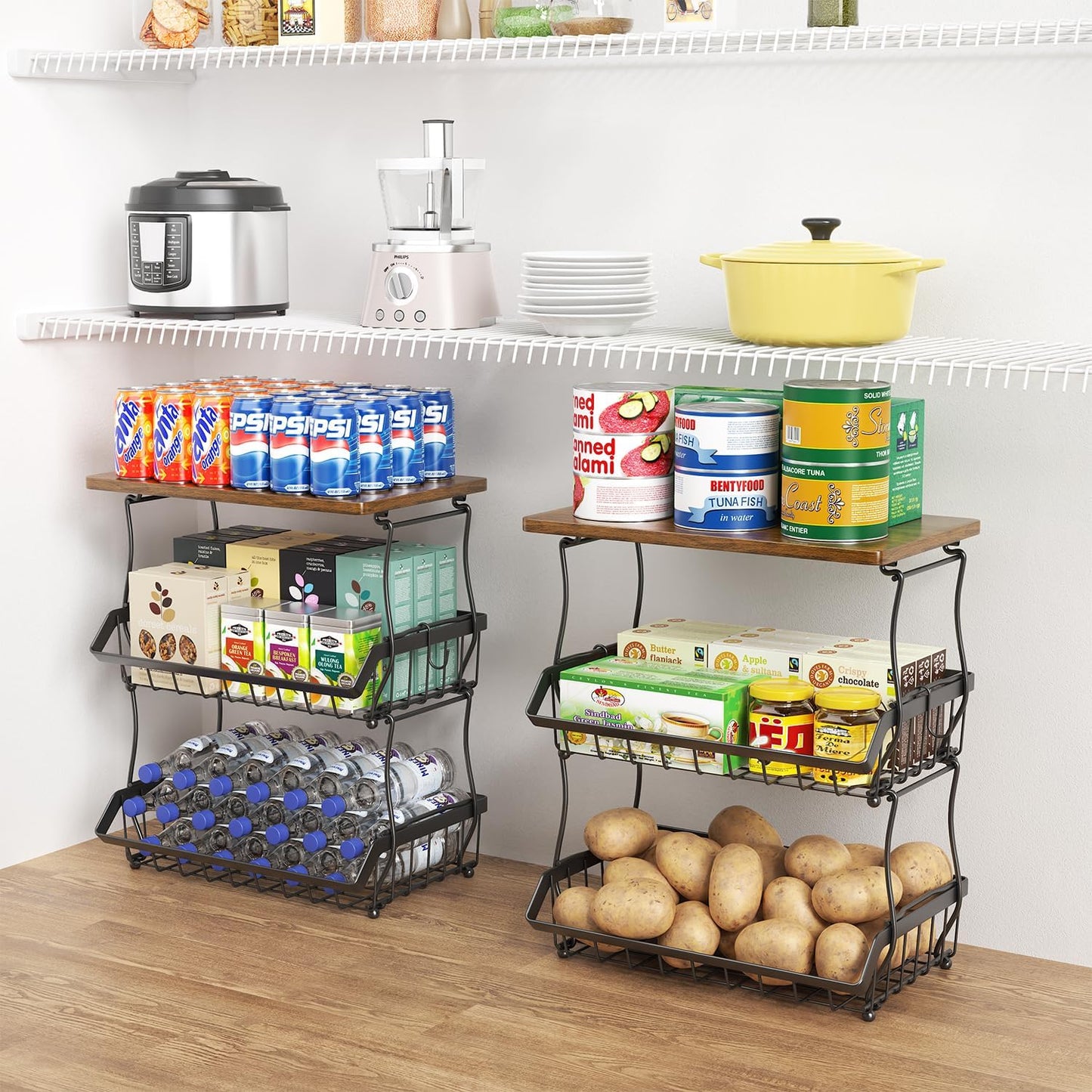 XYZLVSI 3 Tier Countertop Fruit Basket Bread Bowl with Wooden Top for Kitchen, Stackable Vegetable Potato Onion Storage Wire Basket with Banana Hangers, Black