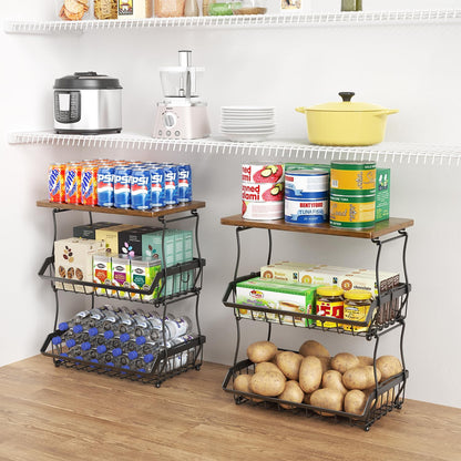 XYZLVSI 3 Tier Countertop Fruit Basket Bread Bowl with Wooden Top for Kitchen, Stackable Vegetable Potato Onion Storage Wire Basket with Banana Hangers, Black