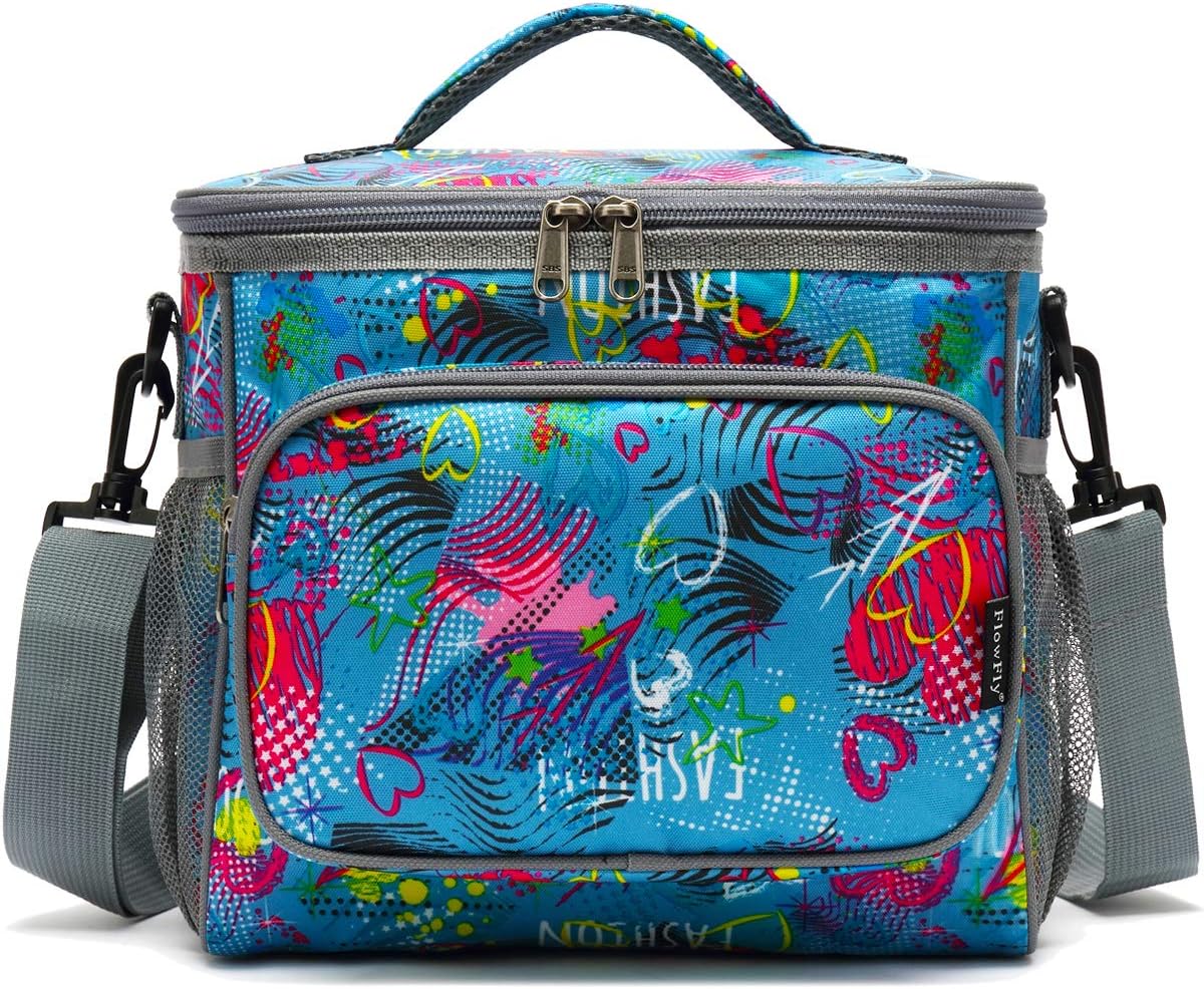 FlowFly Insulated Reusable Lunch Bag Adult Large Lunch Box for Women and Men with Adjustable Shoulder Strap,Front Zipper Pocket and Dual Large Mesh Side Pockets,Cherry - Colors B