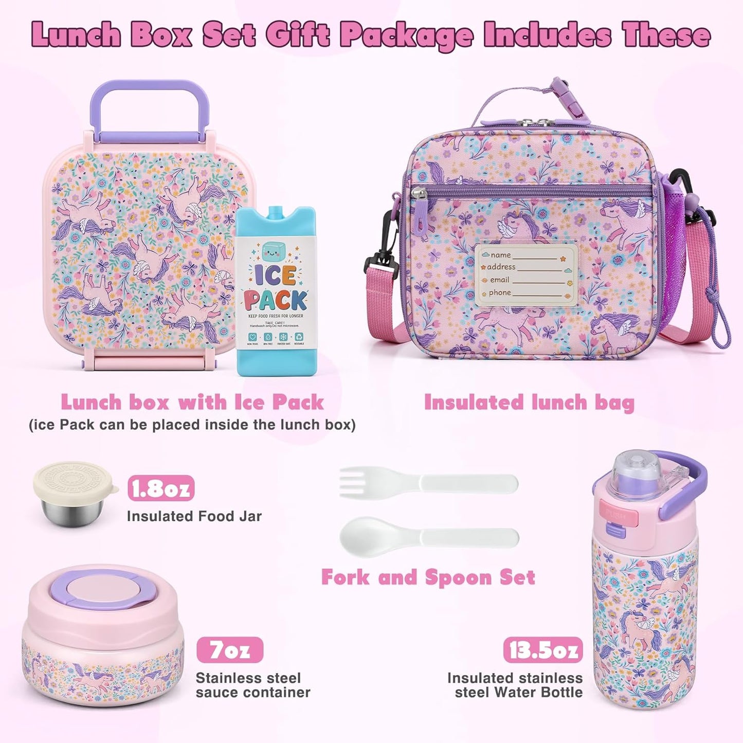 Bento Lunch Box for Kids with 7oz Soup Thermo,Insulated Stainless Steel Kids Water Bottle with Straw and Insulated Lunch Bag,Leak-Proof Lunch Food Container with Ice Pack for School (Purple-Mermaid)