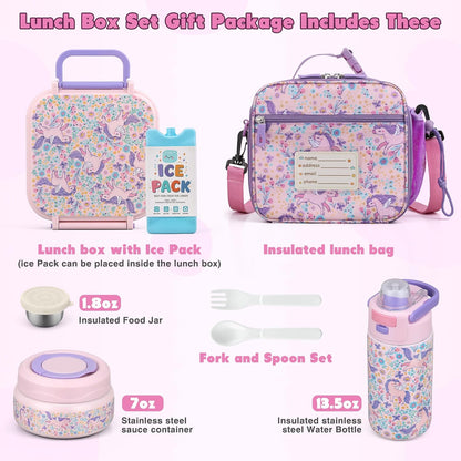 Bento Lunch Box for Kids with 7oz Soup Thermo,Insulated Stainless Steel Kids Water Bottle with Straw and Insulated Lunch Bag,Leak-Proof Lunch Food Container with Ice Pack for School (Purple-Mermaid)