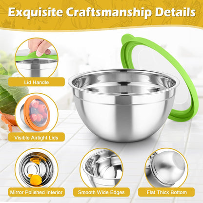 TeamFar Mixing Bowls, Stainless Steel Nesting Salad Bowls with Lids Set of 3 & 3 Grater Attachments, For Mixing/Serving/Storing, Non-toxic & Long-lasting, Size 4.6/3 / 1.5 QT, Black