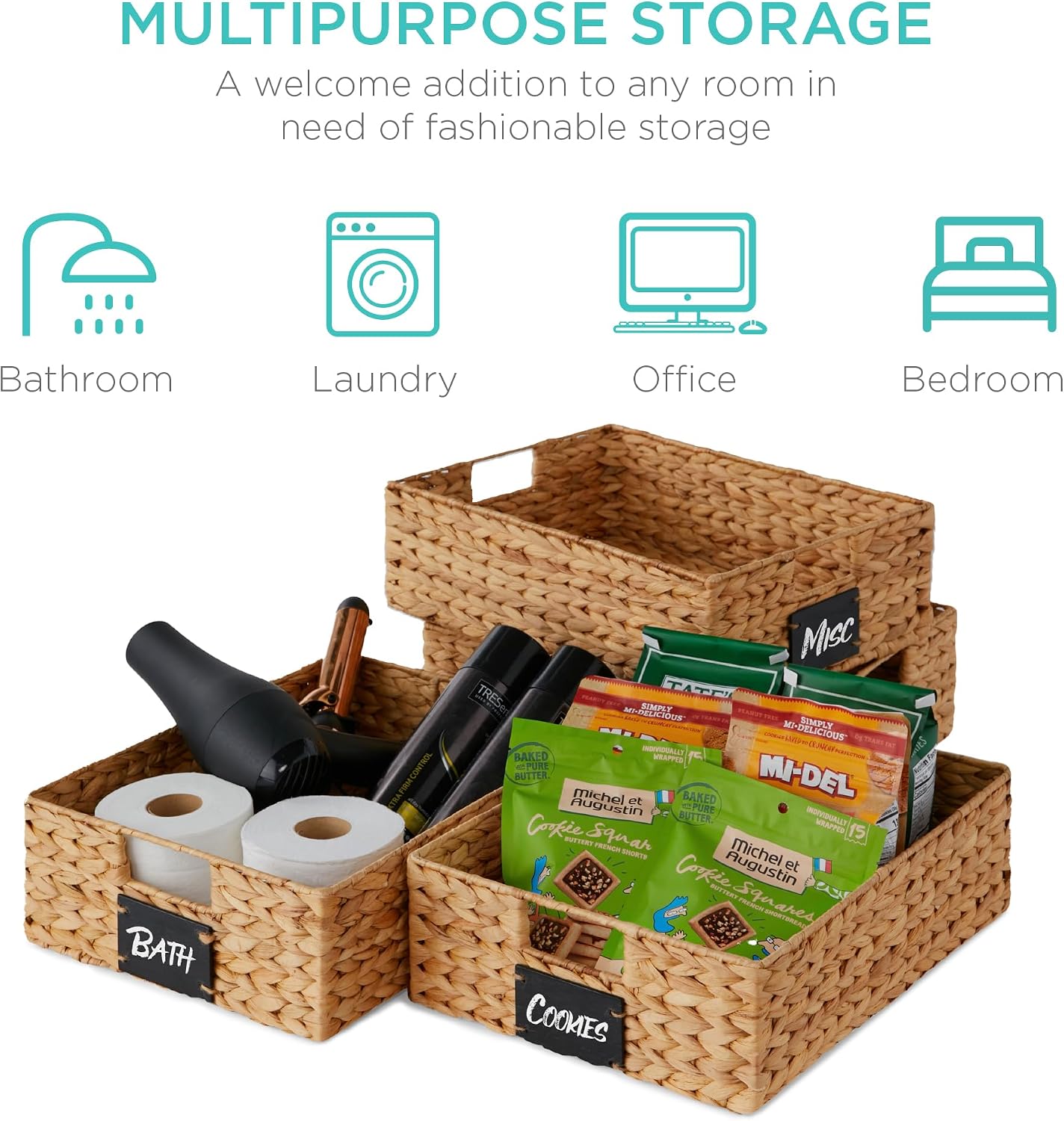 Best Choice Products Set of 4 9x12in Water Hyacinth Pantry Baskets, Woven Organizers w/Chalkboard Label, Chalk Marker - Natural