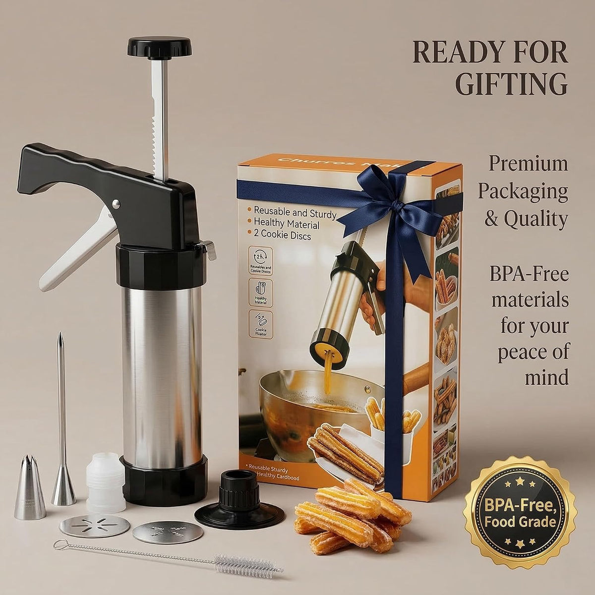 Stainless Steel Churro Maker and Cookie Press, 16 Discs, 8 Tips