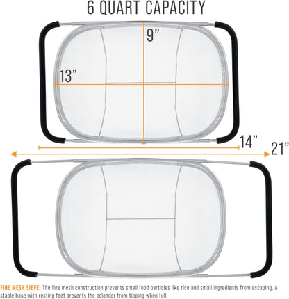 U.S. Kitchen Supply Stainless Steel Colander Strainer - 6-Quart Collapsible Colander with Expandable Rubber Handles - Rectangular Sieve, Fine Mesh Stainless Steel Strainers and Colanders for Kitchen