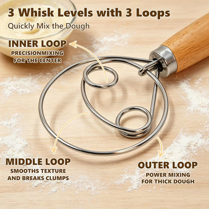 13-Inch Danish Dough Whisk Set, Sourdough Tools for Bread Making