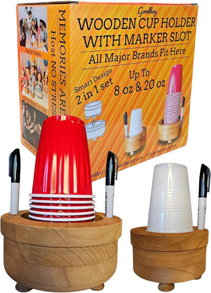 Party Cup Holder with Marker Slots | Drink Organizer for Birthdays, Festive Events, BBQs & Holiday Gatherings | Hosting Essentials for Plastic Cups | Wood Design Two in One (Brown Rustic)
