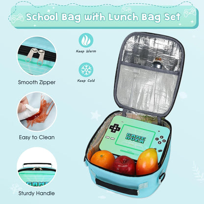 ACESAK Game luminous Boys Backpack - Bento Box with Insulated Lunch Bag Pencil Case, Utensils Set for Kids, 6 Leakproof Compartments Removable Tray Lunches or Snack Container (Blue)