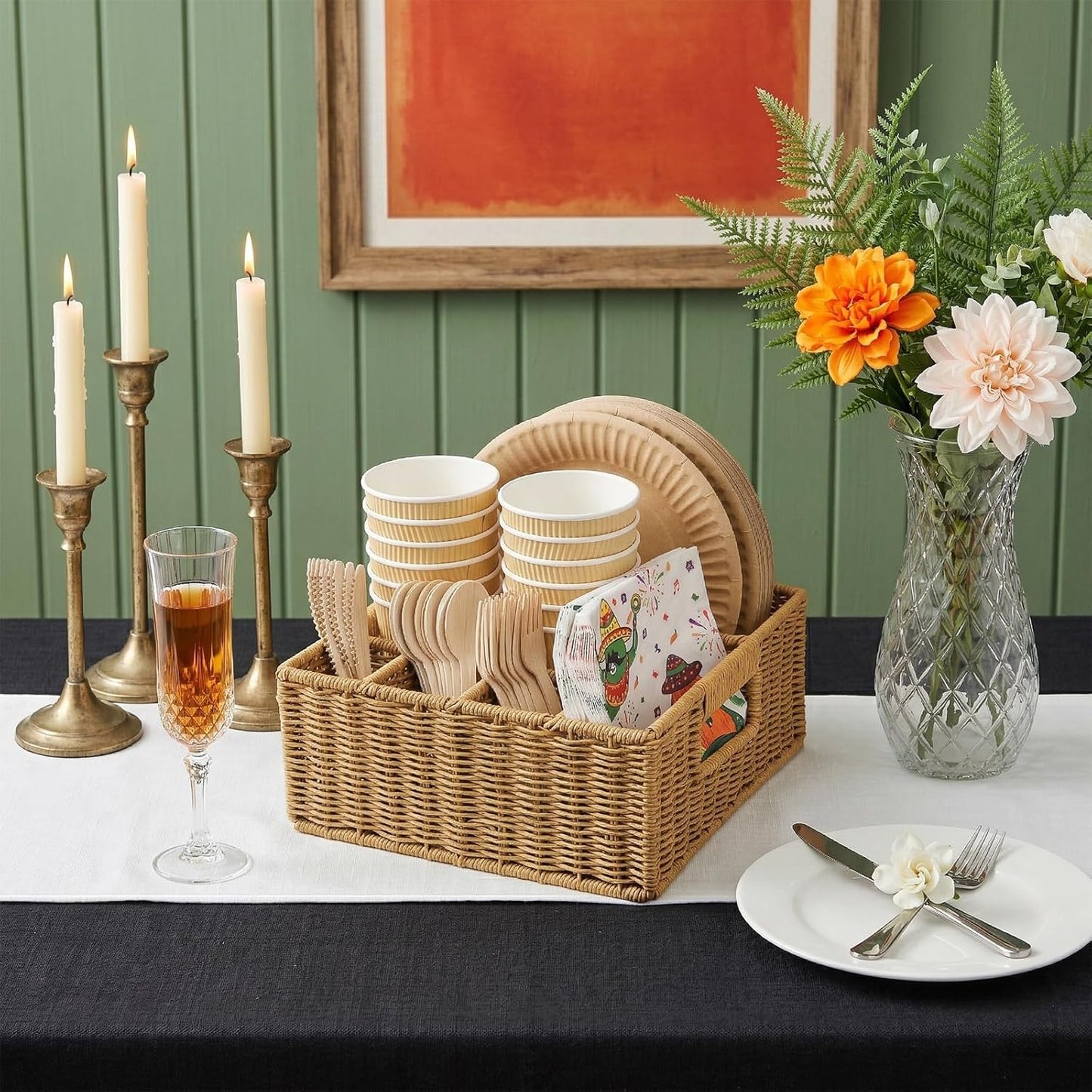 Wicker Utensil Caddy Basket with 6 Compartment, Hand-Woven | Cutlery Silverware Holder with Handle, Picnic Basket, Paper Plate Organizer for Party Camping Buffet