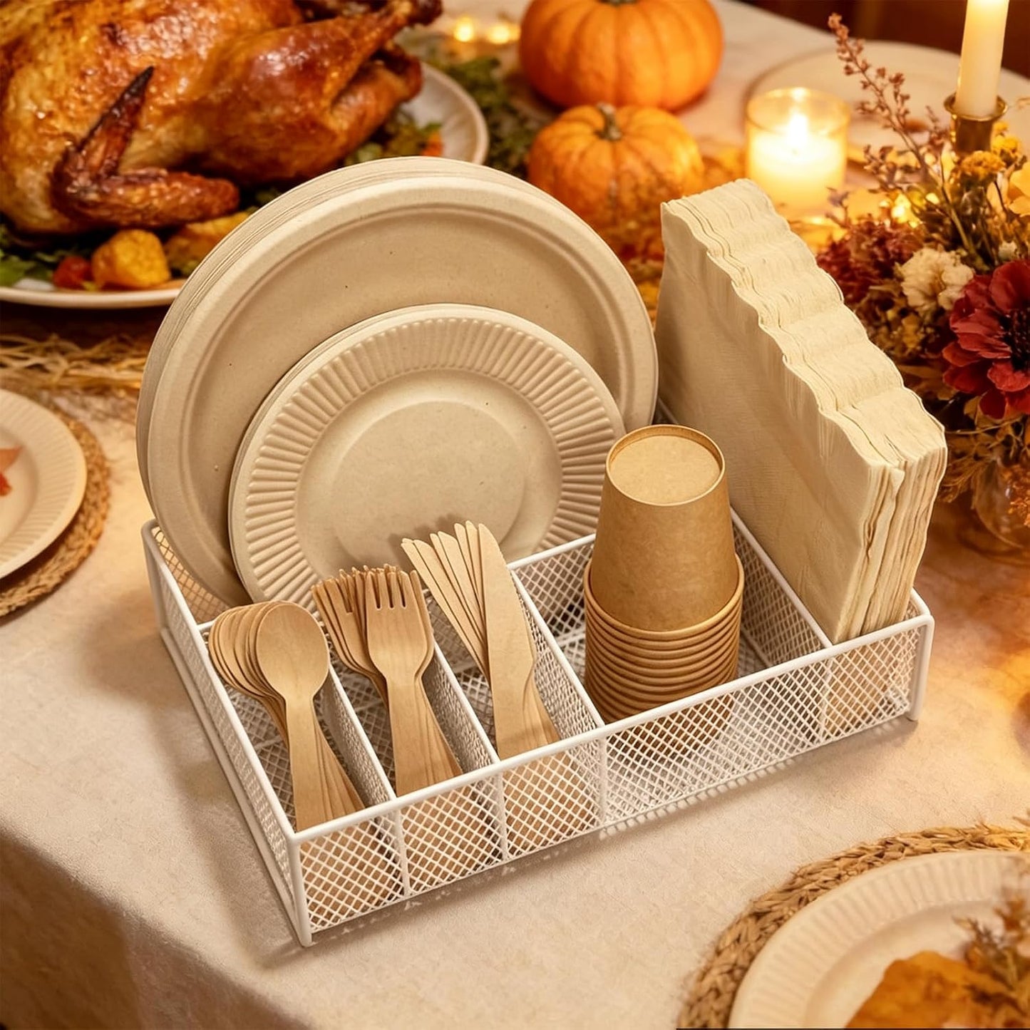 Paper Plate Organizer for Countertop - Metal Utensil Caddy Silverware Holder Cutlery Flatware Plastic Spoon Fork Plates Napkins Cup Storage Dispenser Party Picnic Essentials Camping Supplies