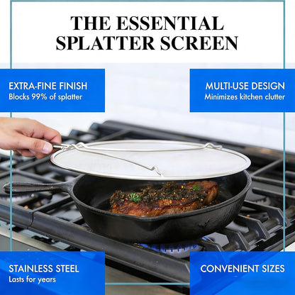 Premium Stainless Steel Grease Splatter Screen for Frying Pans & Cooking Pots, Fine Mesh Oil Splatter Guard with Comfort Grip Handles, 3 Size Set (9.5/11.5/13 Inches) (9.5/11.5inches)
