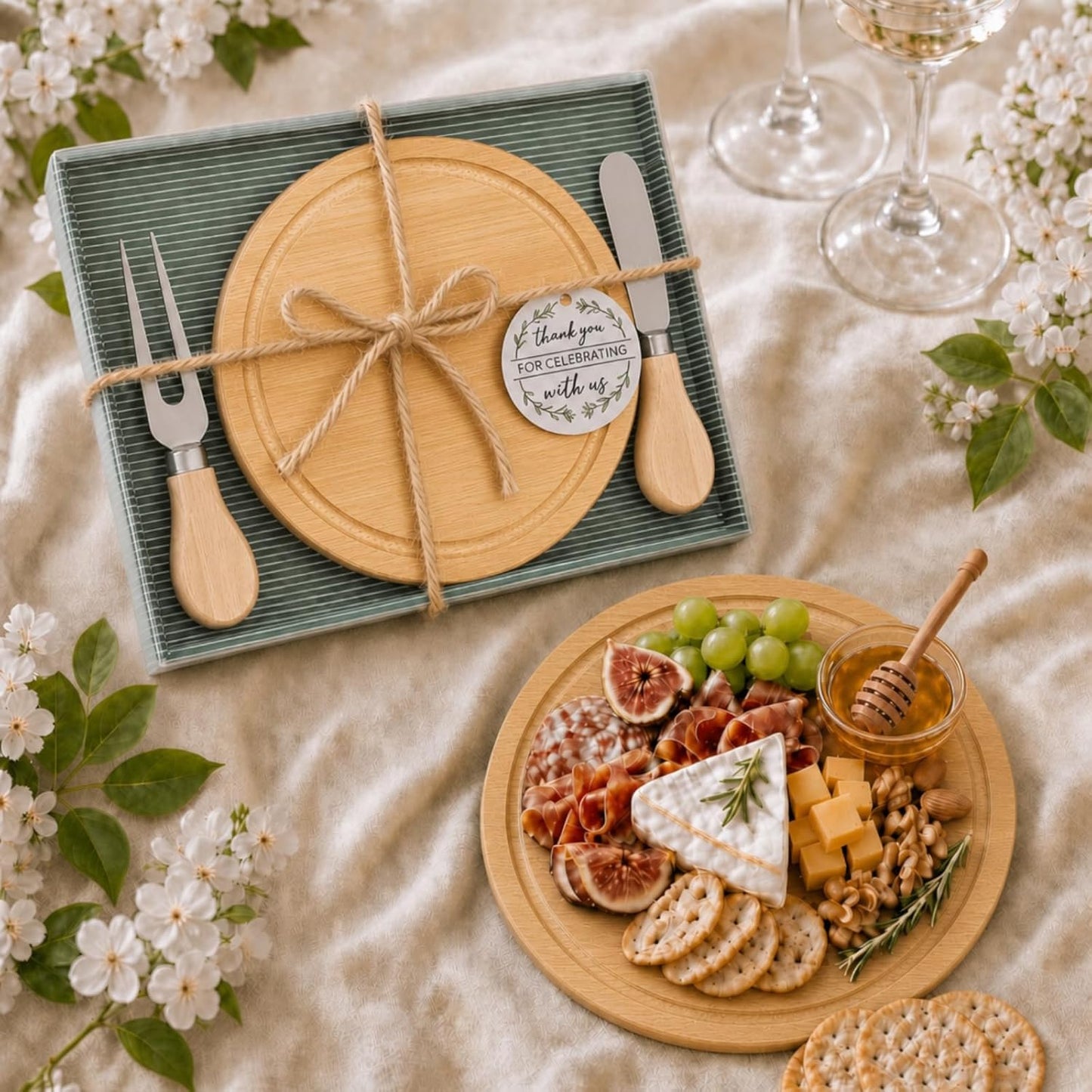Maxcheck 6 Sets Baby Shower Bridal Game Prizes for Winners Round Cheese Board Set Wood Mini Charcuterie Board with Knives and Forks Thank You Card with Gift Box for Guests Wedding (Bamboo)