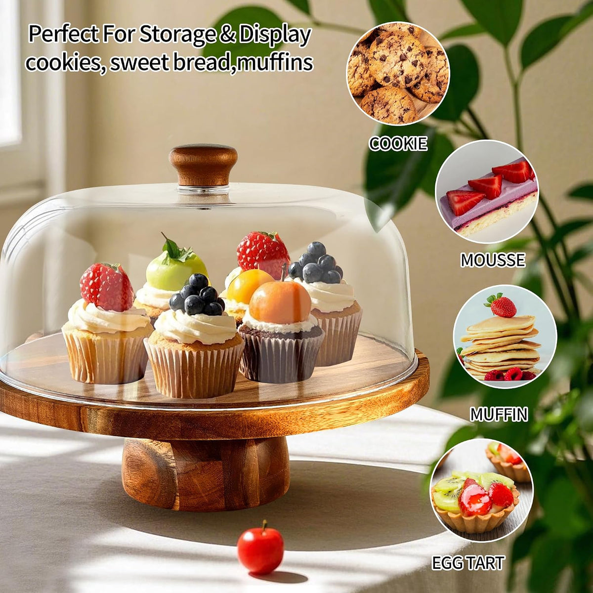 Acacia-Wood-Cake-Stand With Acrylic Lid, Rectangular Cake Plates Charcuterie Board With Cover, 2-in-1 Cake Holder With Dome，Dessert Table Display Stand For Cheese, Chips & Dips, Nachos, Fruit Platter