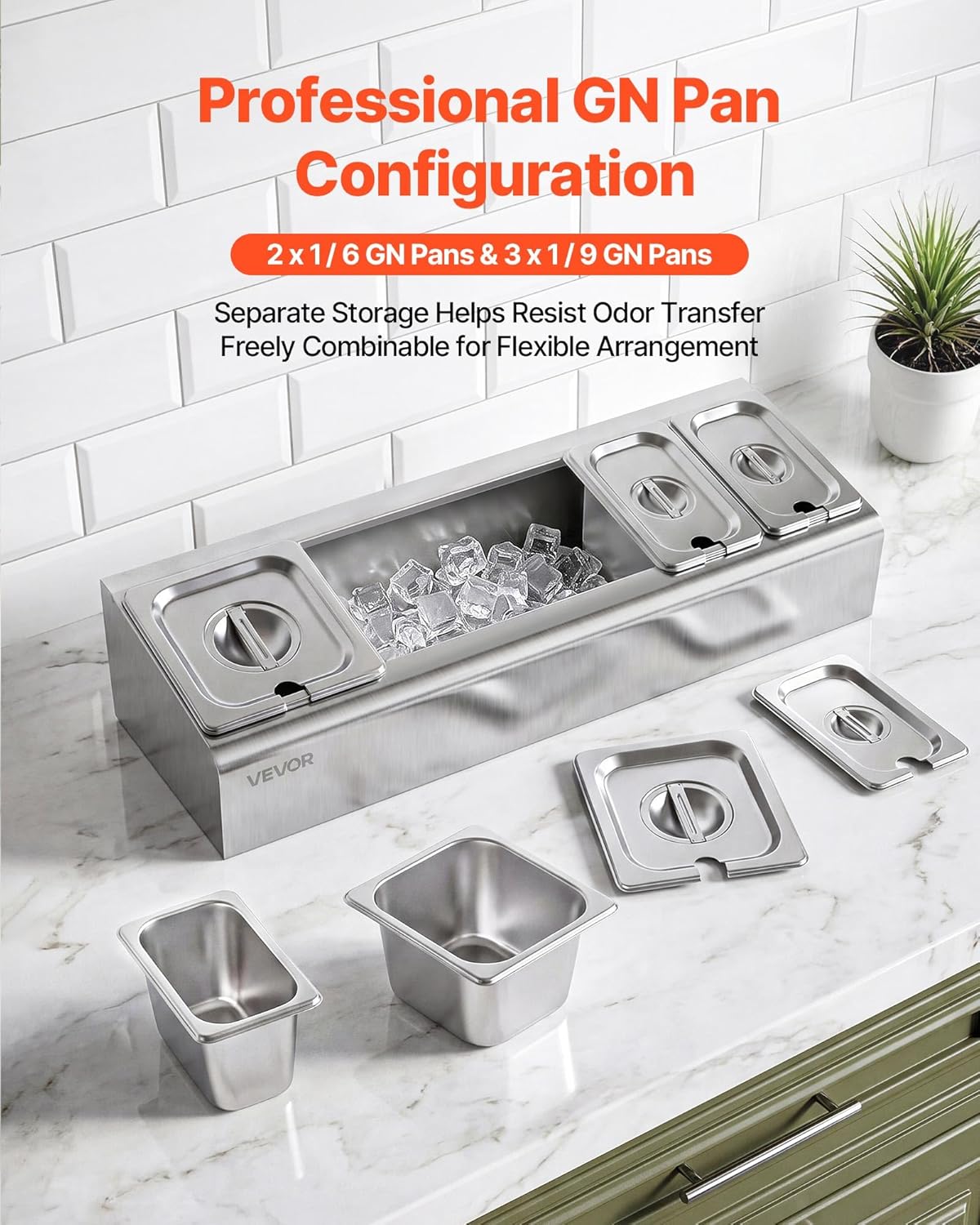 VEVOR Chilled Condiment Server Caddy, 5 Compartment Ice Cooled Serving Container, Plastic Fruit Garnish Tray Platter with Lid, for Taco Salad Bar Accessories, Party Home Restaurant Supplies