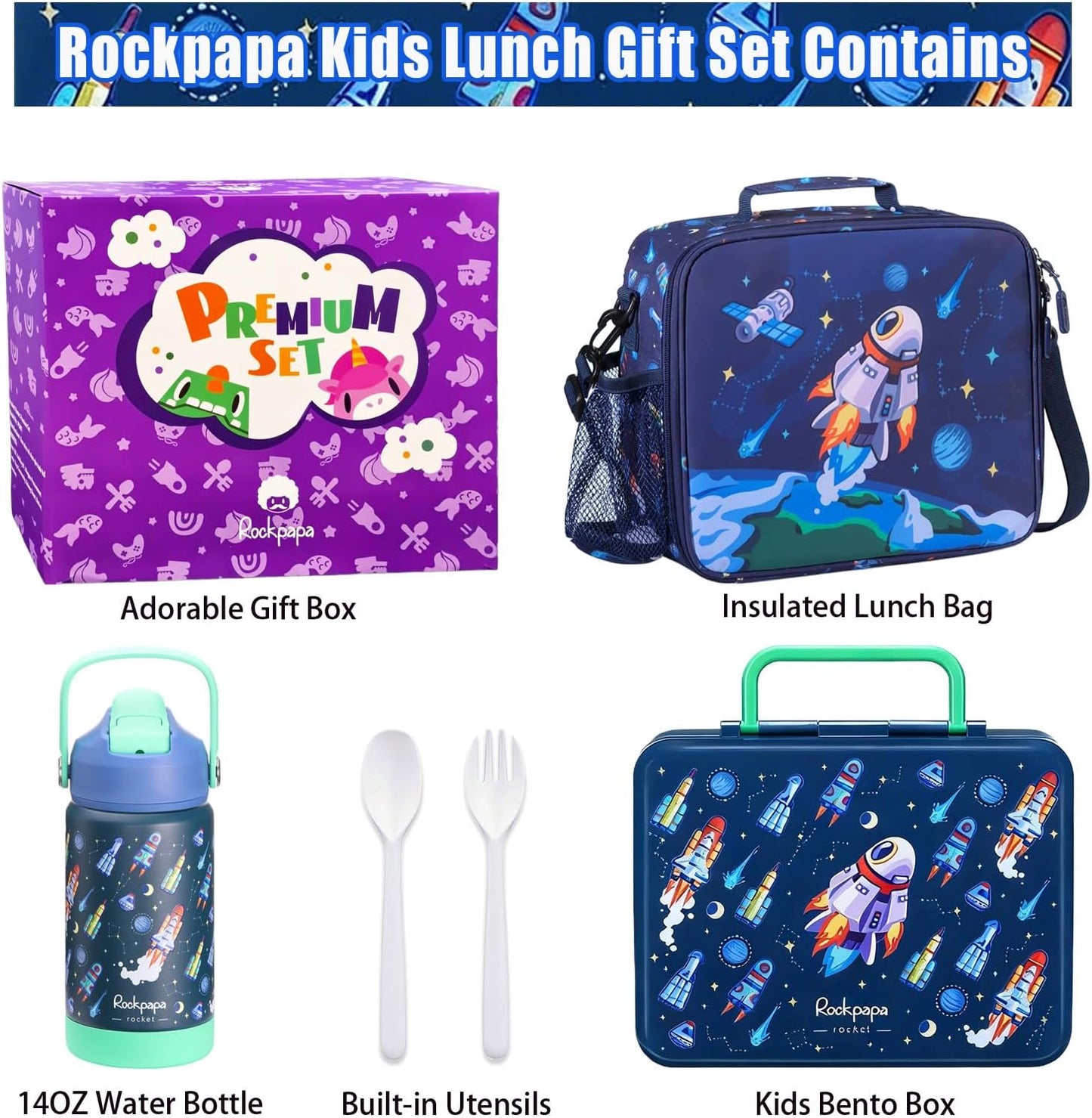 rockpapa Kids Lunch Box Set with 14oz Insulated Water Bottle & Lunch Bag, Leakproof 5.5 Cups Bento Box for School & Children, BPA-Free, Microwave Safe for Boys Girls (Grey Constr Turcks)