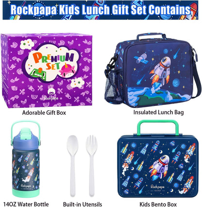 rockpapa Kids Lunch Box Set with 14oz Insulated Water Bottle & Lunch Bag, Leakproof 5.5 Cups Bento Box for School & Children, BPA-Free, Microwave Safe for Boys Girls (Grey Constr Turcks)