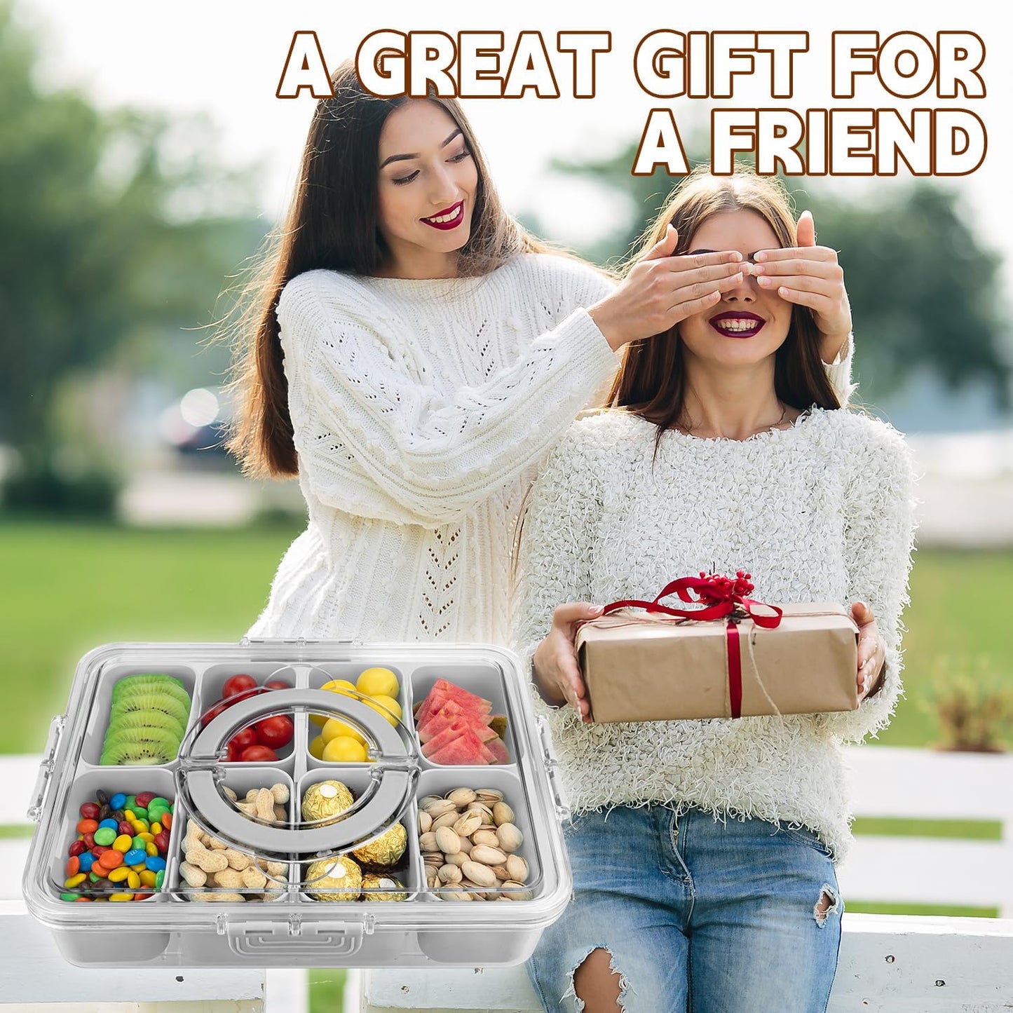Divided Serving Tray with Lid and Handle,8 Compartments Snacks Box,Snack Fruit Tray,Veggie Tray,Portable Platter for Candy Fruits Nuts Snack Party Entertaining Picnic (2PCS Pink)