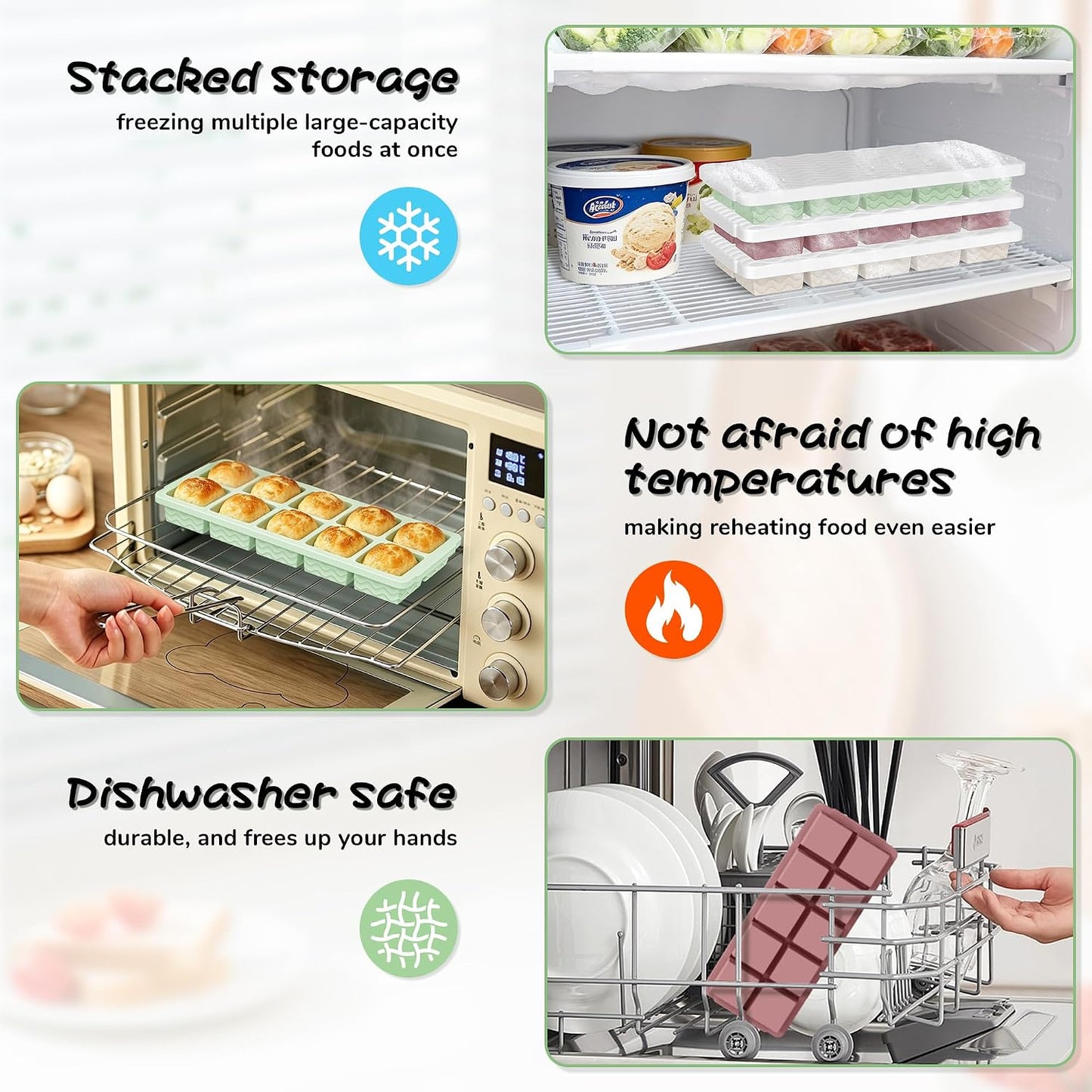 3-Pack Silicone Freezer Trays with Lid,2 Large 2-Cup(500ml)&4 Medium 1-Cup(250ml)&6 Small 1/2-Cup(125ml) Soup Freezer Container Molds,Ice Cube Tray For Meal Prep&Freezing Soup,Stews,Sauces