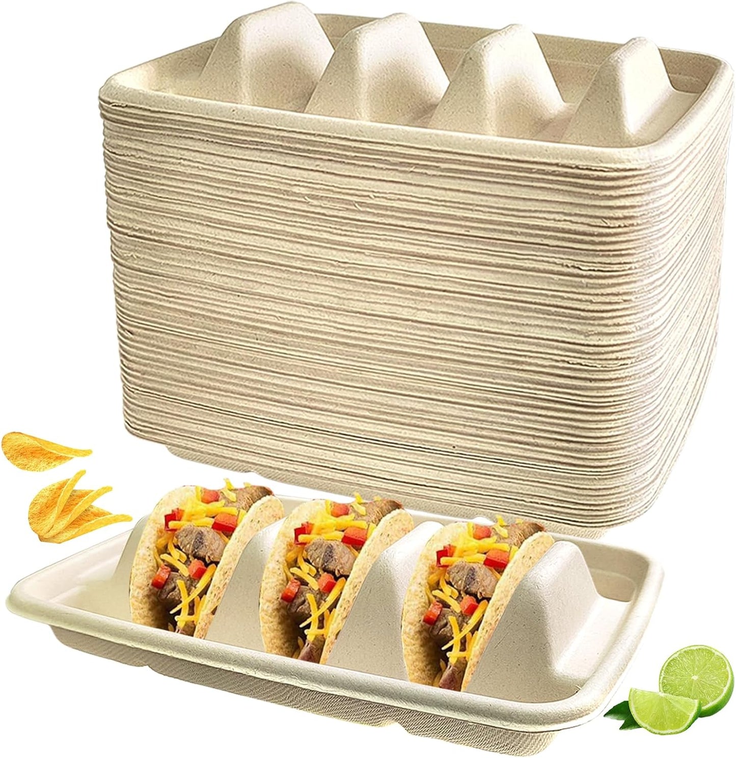 50PCS Disposable Taco Holder for Party，Disposable Taco Plates with 3 Dividers Disposable Taco Holders for Taco Tray Holder, Pulp Fiber Plates Disposable for Taco Tuesday Lazy Susan Taco Bar