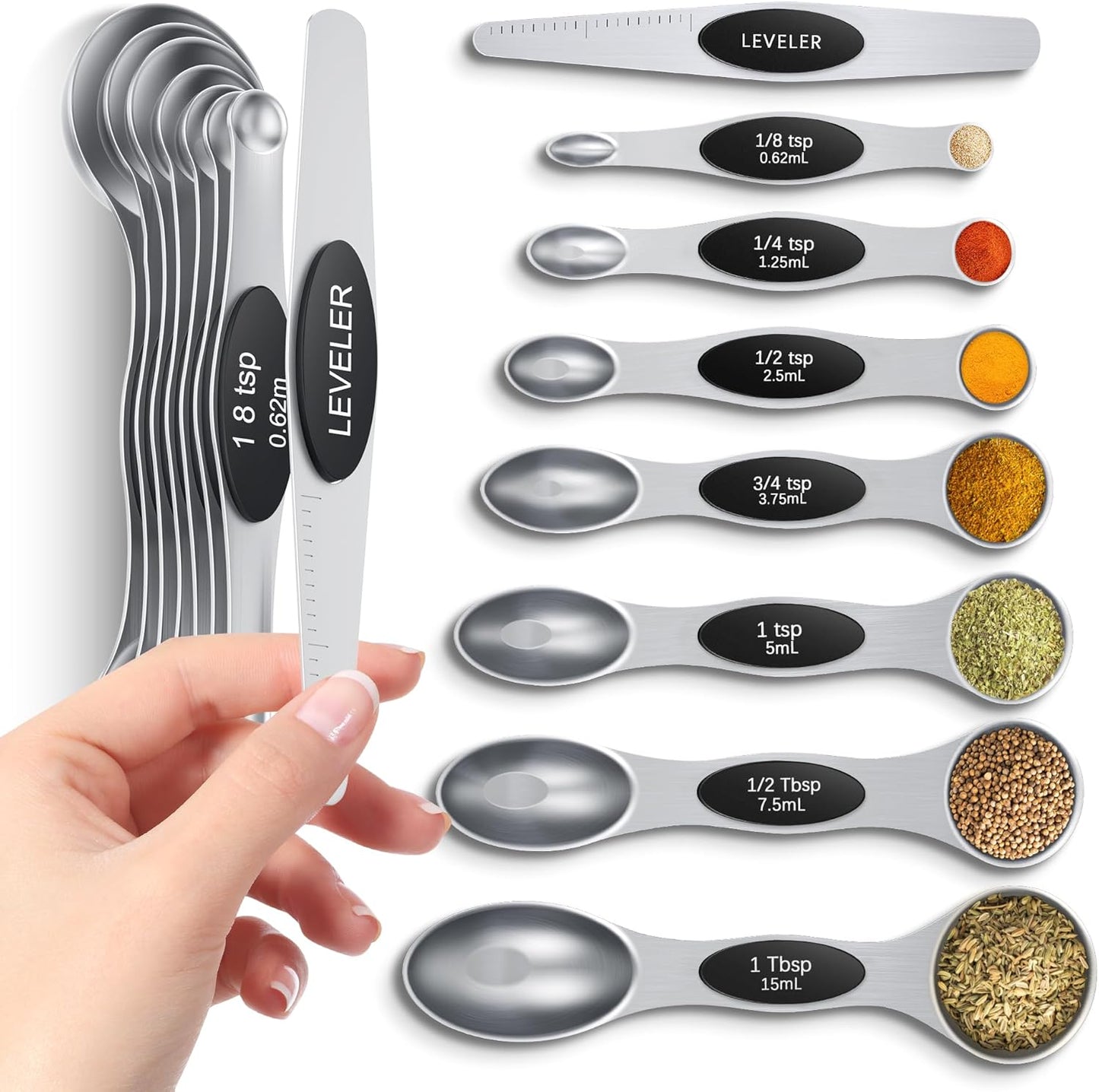 Magnetic Measuring Cups and Spoons Set304 Stainless Steel Dual Scale Set of 15, Strong N52 Magnetic Nesting Design with Leveler, for Dry&Liquid Ingredients, Dishwasher Safe(Colorful)