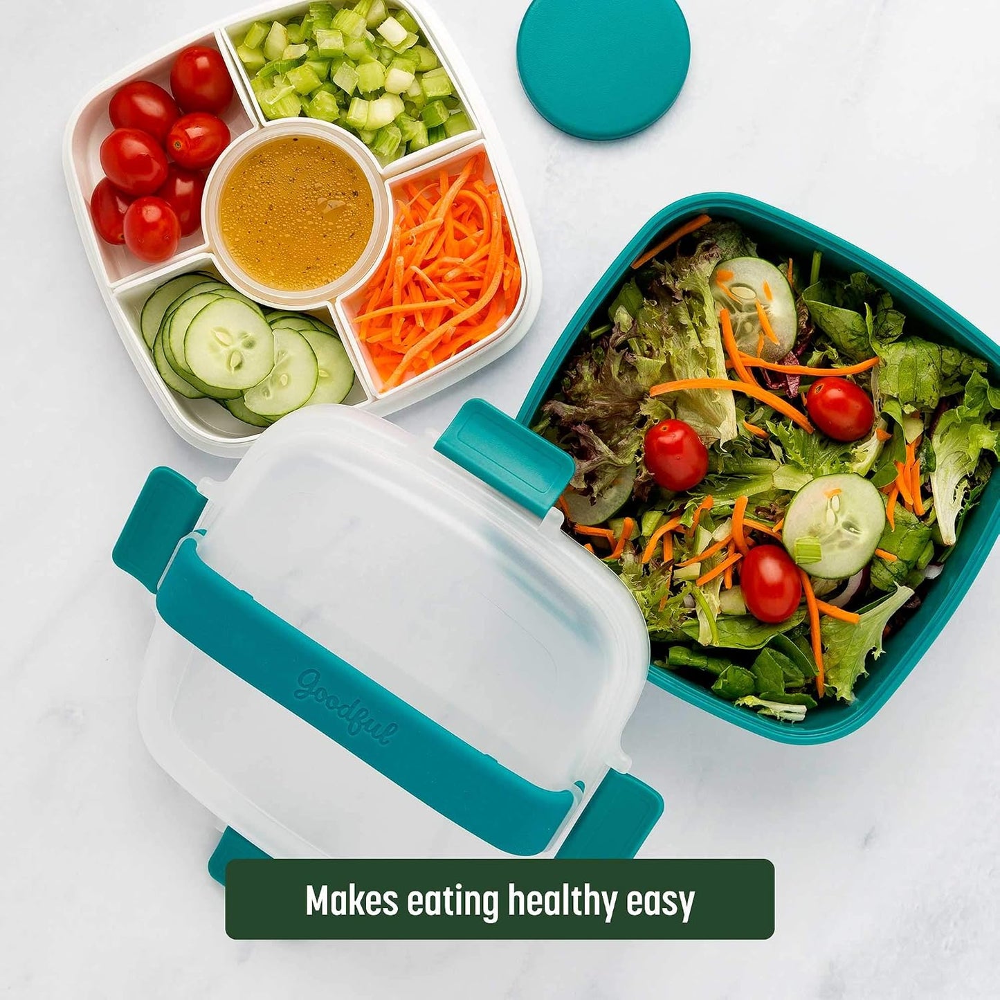 Goodful Stackable Lunch Box Container, Bento Style Food Storage with Removeable Compartments for Sandwich, Snacks, Toppings & Dressing, Leak-Proof and Made without BPA, 56-Ounce, Blue