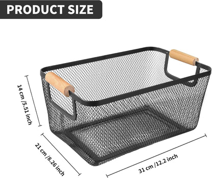 2Pack Metal Mesh Steel Basket with Bamboo Handle - Wire Metal Basket for Kitchen Organization, 12" Wide Food Organizer Bin, Perfect for Organizing Bulk Pantry (WHITE)