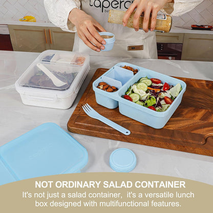 Caperci 2 Pack Salad Container for Lunch - 62 oz Large Bento Lunch Box for Adults, 2-Compartment Meal Prep Container with Removable Toppings Tray, Sauce Cup, Reusable Fork, BPA-Free (Purple & Green)