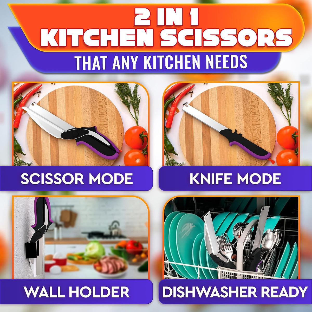 2 in 1 Kitchen Scissors for Food with Knife Sharpener (Grey)
